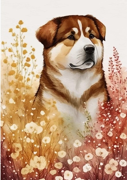 水彩风格狗秋田犬艺术插画