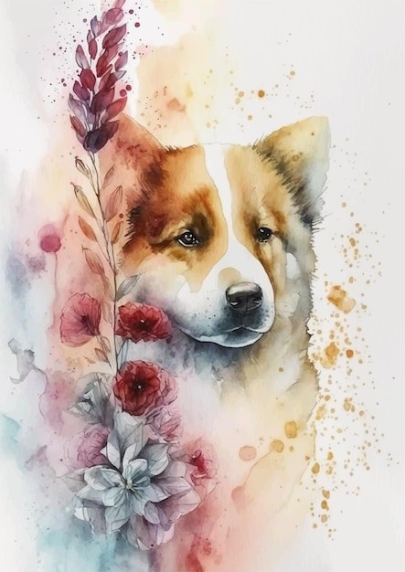 水彩风格狗秋田犬艺术插画