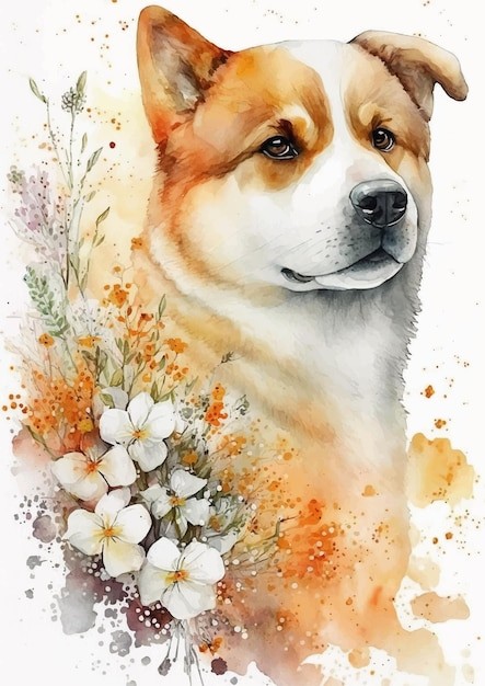水彩风格狗秋田犬艺术插画