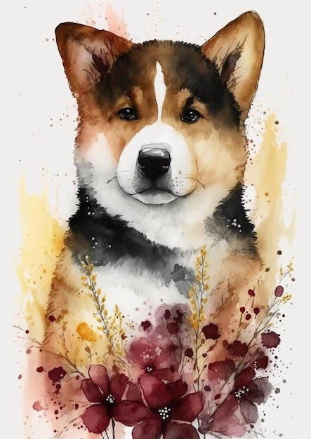 水彩风格狗秋田犬艺术插画