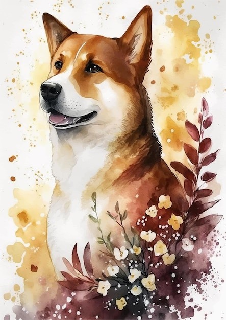 水彩风格狗秋田犬艺术插画
