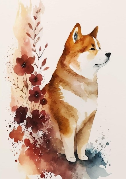 水彩风格狗秋田犬艺术插画