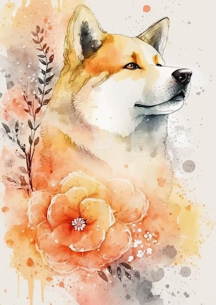 水彩风格狗秋田犬艺术插画