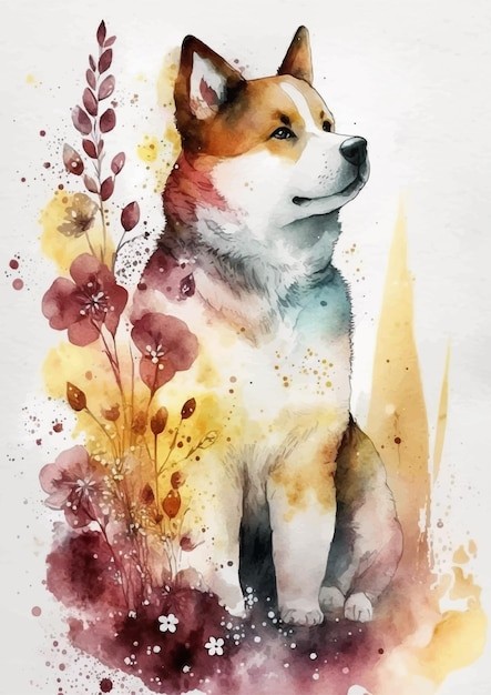 水彩风格狗秋田犬艺术插画