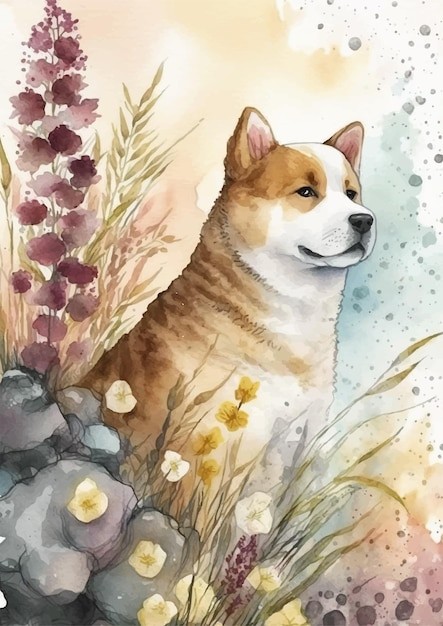 水彩风格狗秋田犬艺术插画