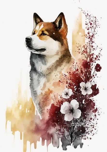 水彩风格狗秋田犬艺术插画