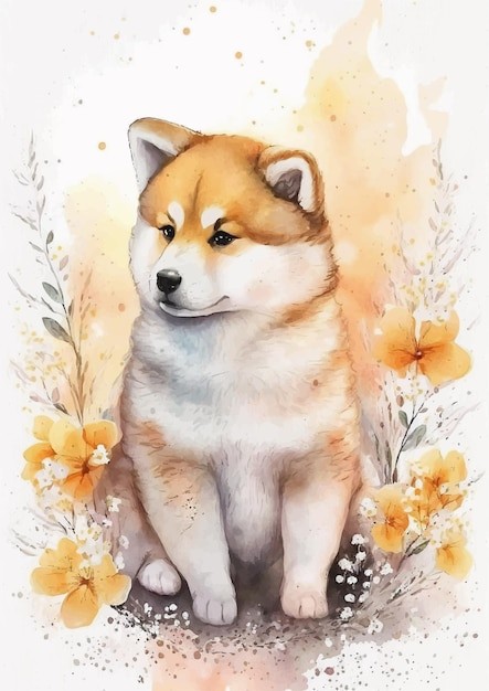 水彩风格狗秋田犬艺术插画