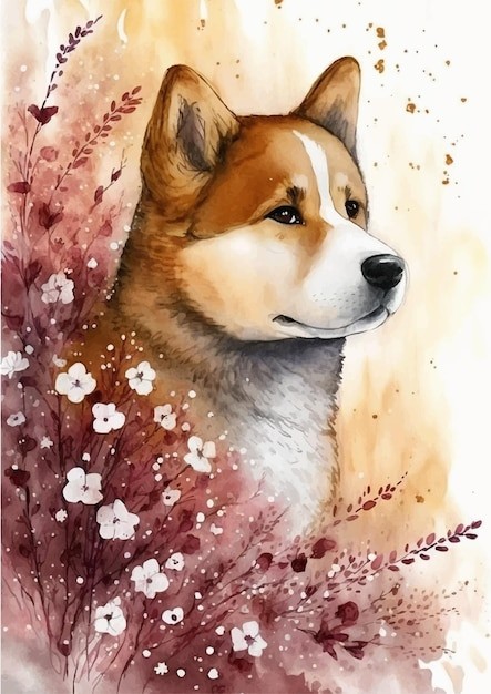 水彩风格狗秋田犬艺术插画