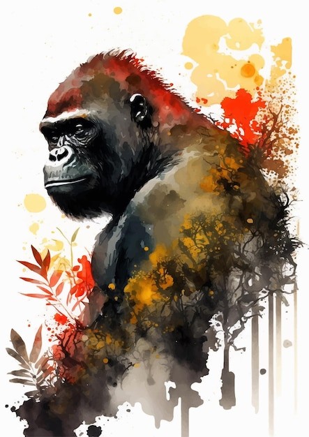 水彩风格大猩猩艺术插画