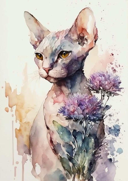 水彩风格斯芬克斯猫艺术插画