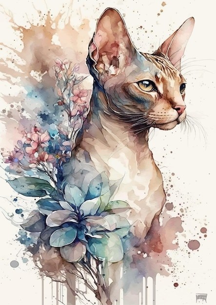 水彩风格斯芬克斯猫艺术插画