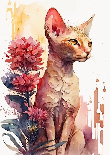 水彩风格斯芬克斯猫艺术插画