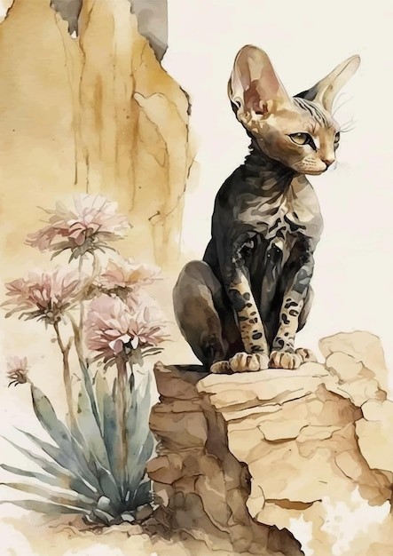 水彩风格斯芬克斯猫艺术插画