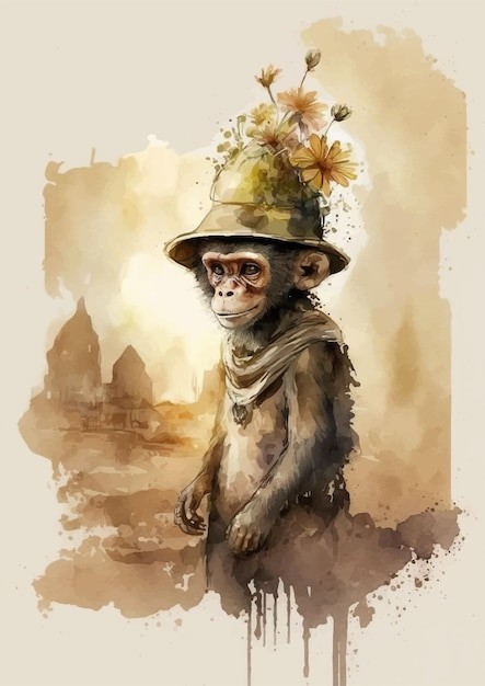 水彩风格猴子艺术插画