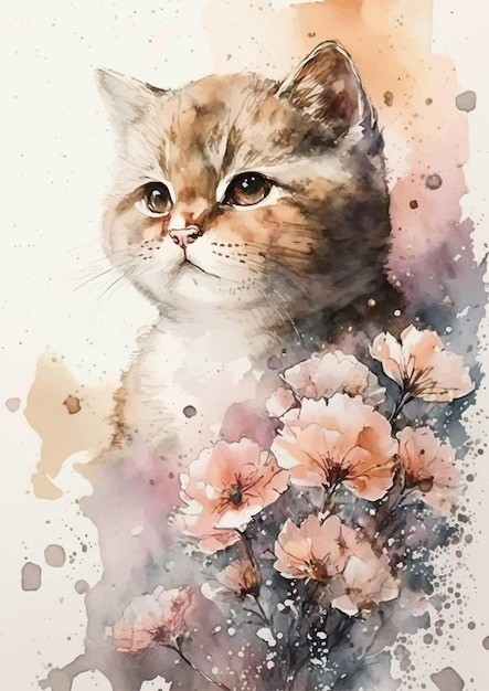 水彩风格英国短毛猫艺术插画
