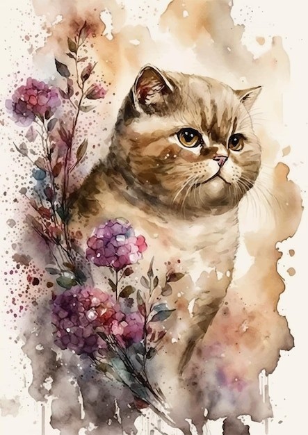 水彩风格英国短毛猫艺术插画