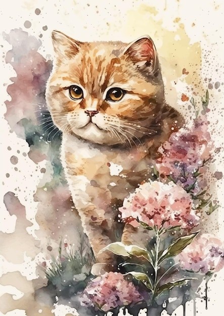 水彩风格英国短毛猫艺术插画