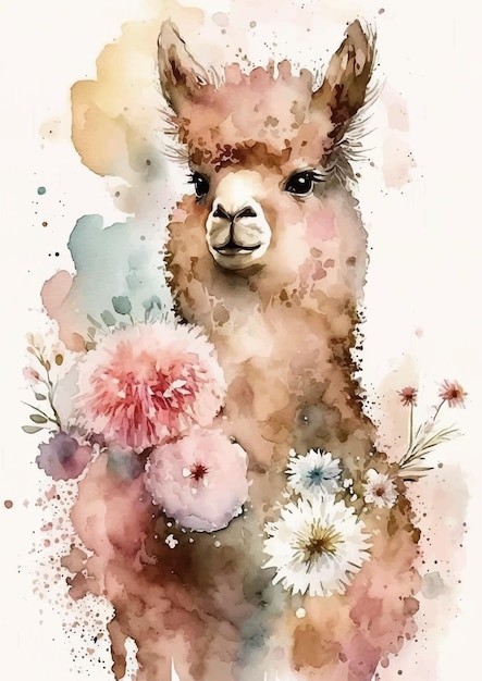 水彩风格羊驼艺术插画