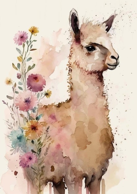 水彩风格羊驼艺术插画