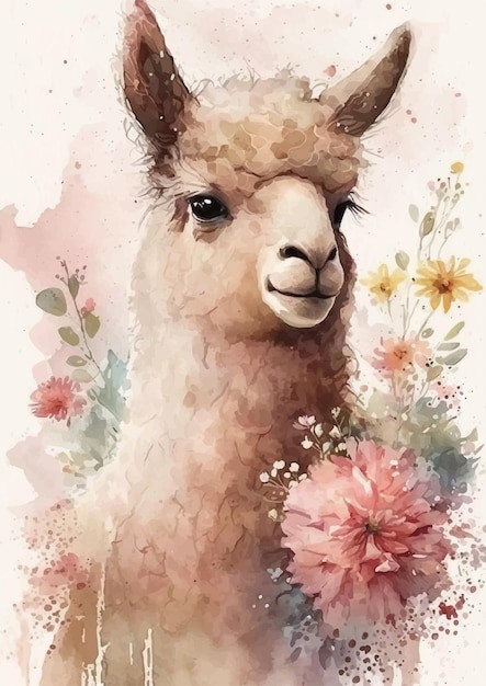 水彩风格羊驼艺术插画