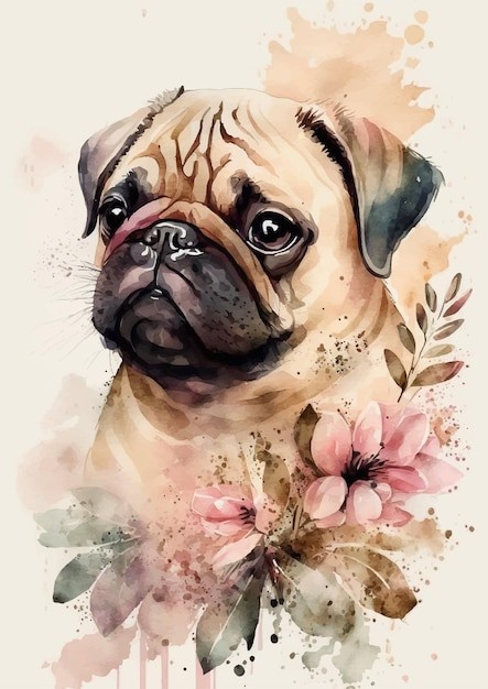 水彩风格八哥犬哈巴狗艺术插画