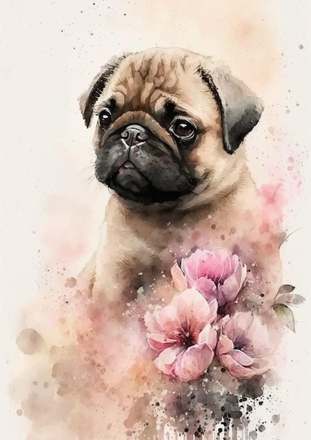 水彩风格八哥犬哈巴狗艺术插画