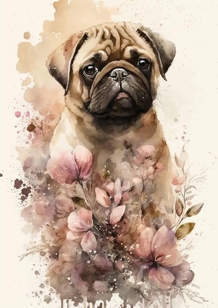 水彩风格八哥犬哈巴狗艺术插画