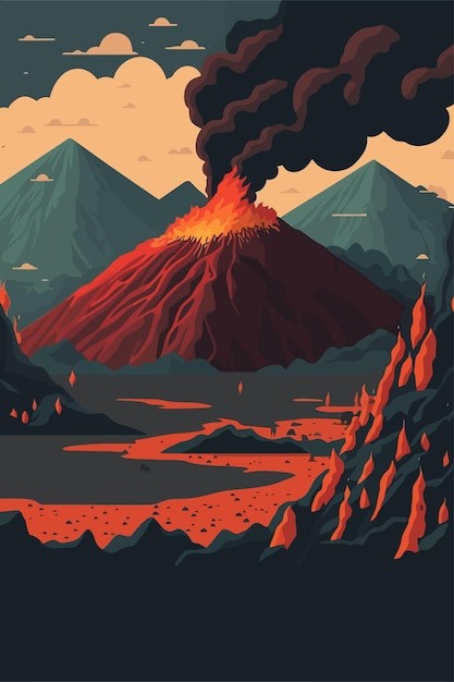 火山喷发风景场景插画