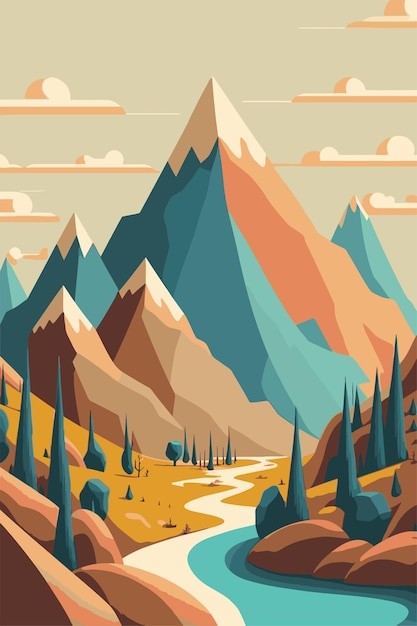 河流小溪湖泊山自然景观风景插画