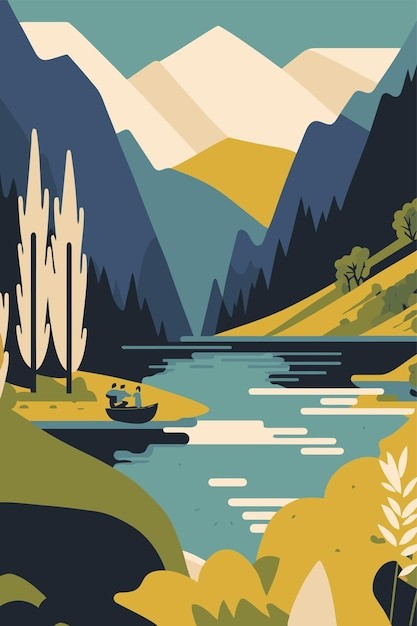 河流小溪湖泊山自然景观风景插画