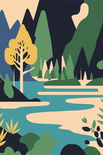 河流小溪湖泊山自然景观风景插画