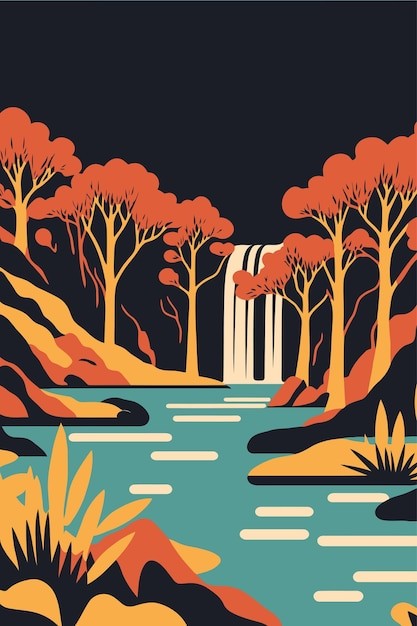 河流小溪湖泊山自然景观风景插画