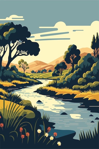 河流小溪湖泊山自然景观风景插画