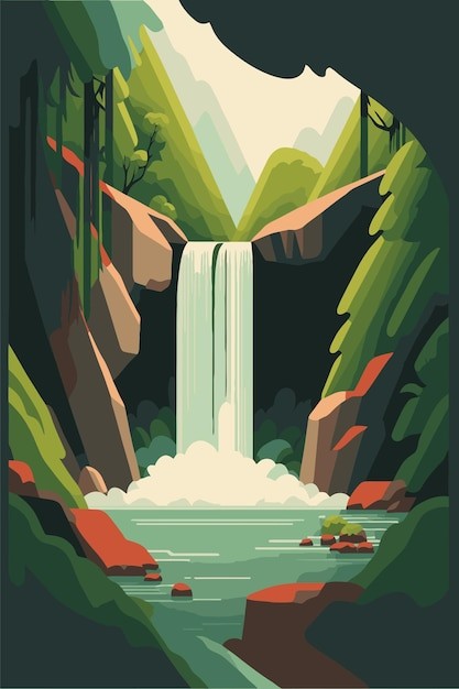 瀑布森林风景自然景观插画