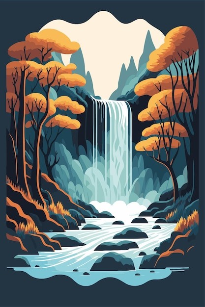瀑布森林风景自然景观插画