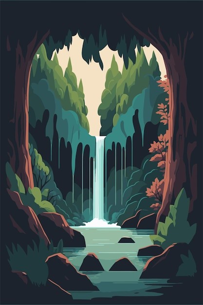 瀑布森林风景自然景观插画