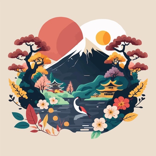 日本富士山旅游风景插画