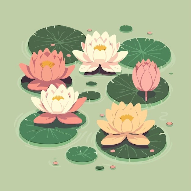 荷花池莲花荷叶池塘插画