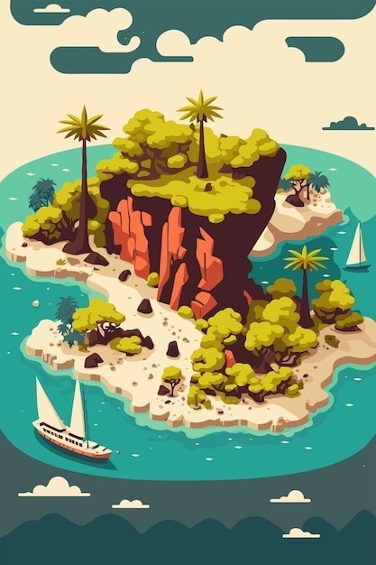 海洋中的热带岛屿山和棕榈树插画