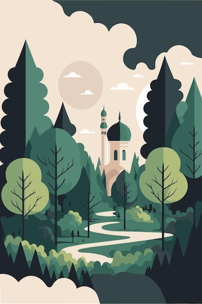 伊斯兰清真寺树木树林插画