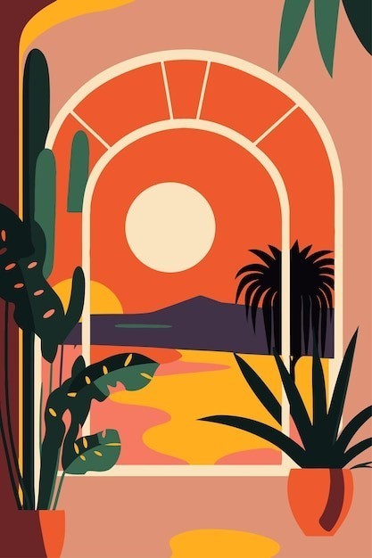 大海树木落日插画