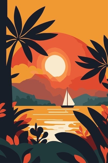 大海树木落日插画