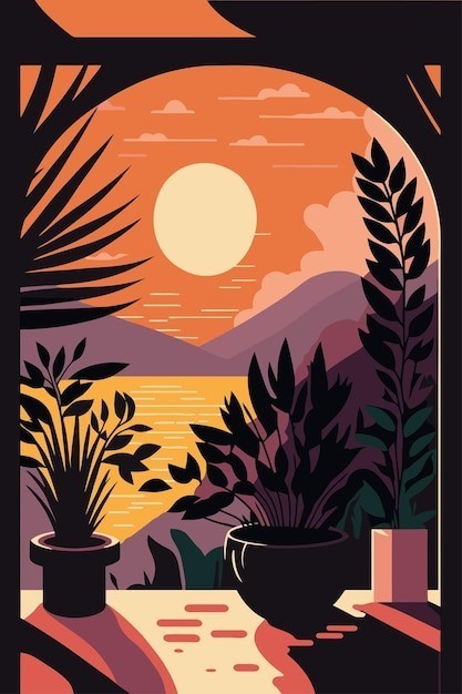 大海树木落日插画