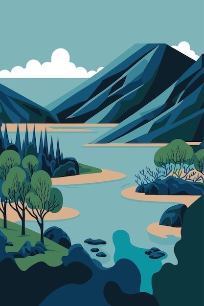 湖泊水库山风景插画