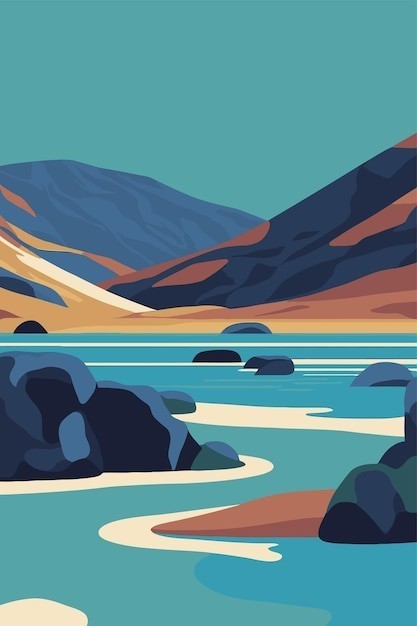 湖泊水库山风景插画