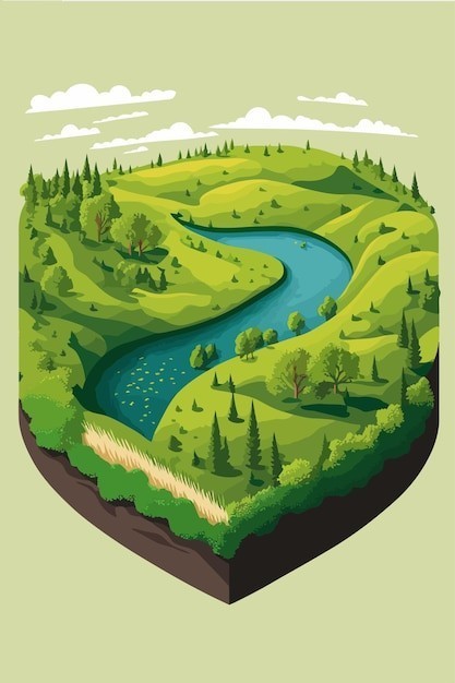 草原山脉河流风景插画