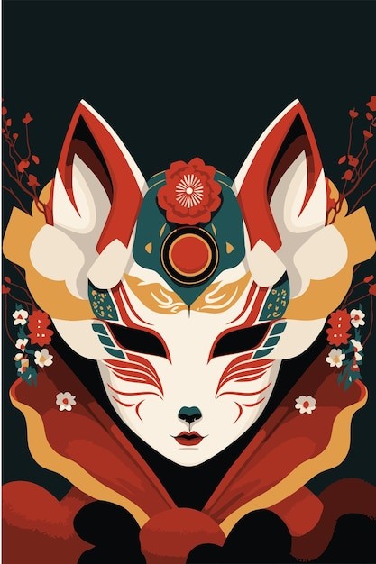 日本日式狐狸面具手绘插画
