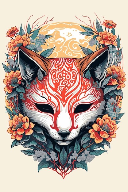 日本日式狐狸面具手绘插画