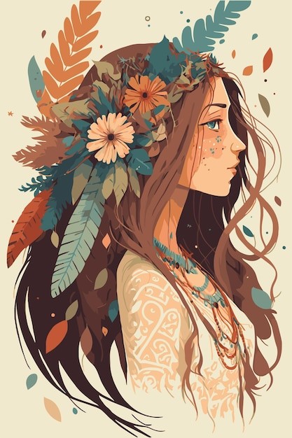 波西米亚印第安部落女孩人物插画