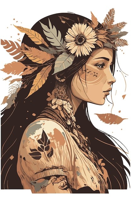 波西米亚印第安部落女孩人物插画